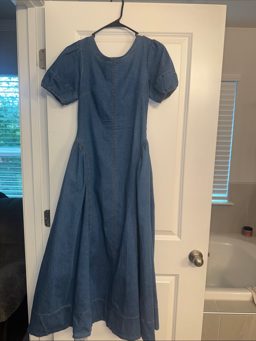 vestique Blue Denim Maxi Dress with Puff Sleeves